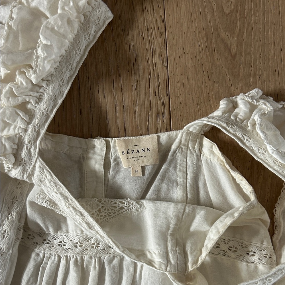 Sezane Cream Eyelet Square-Neck Ruffle Sleeve Top - Picture 4 of 7